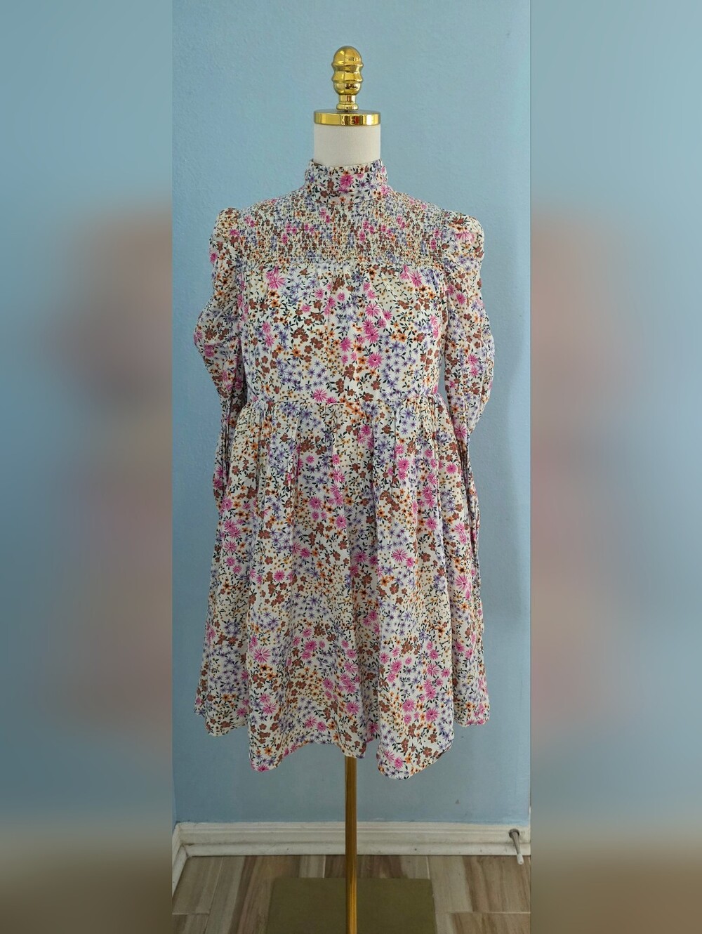 Smocked High-Neck Floral Long-Sleeve Dress